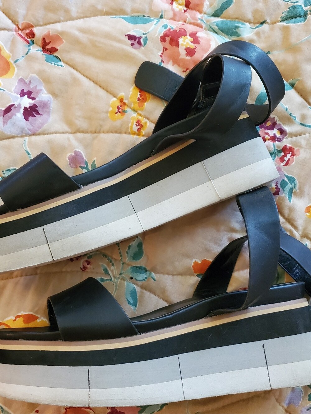 Black Leather Platform Ankle Strap Sandals